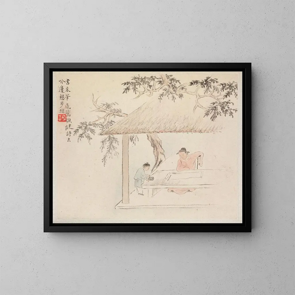 Ein Mann sitzt an einem Tisch vor einem offenen Rollen, ein Junge mischt Tinte - Hua Yan — gerahmtes Bild an der Wand