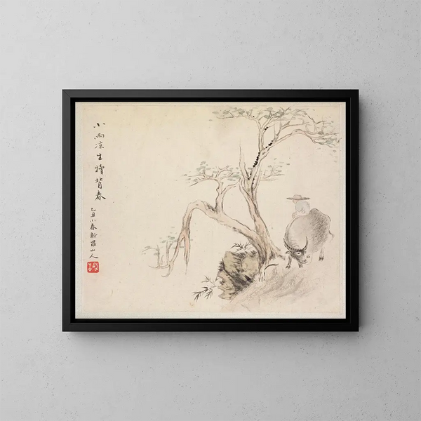 Ein Mann sitzt auf einem Wasserbüffel - Hua Yan — gerahmtes Bild an der Wand