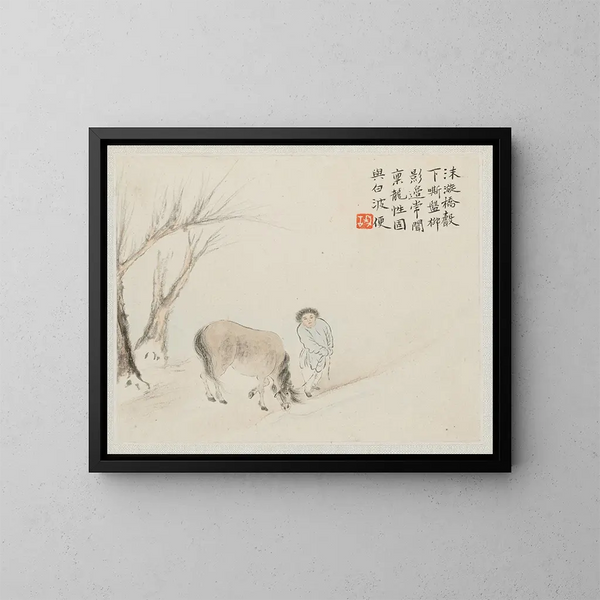Ein Mann und ein Pferd in der Nähe eines Bachs - Hua Yan — gerahmtes Bild an der Wand