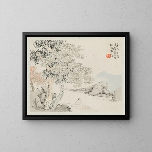 Drei große Bäume und ein Bach mit einem alten Mann, der am Ufer sitzt - Hua Yan — gerahmtes Bild an der Wand