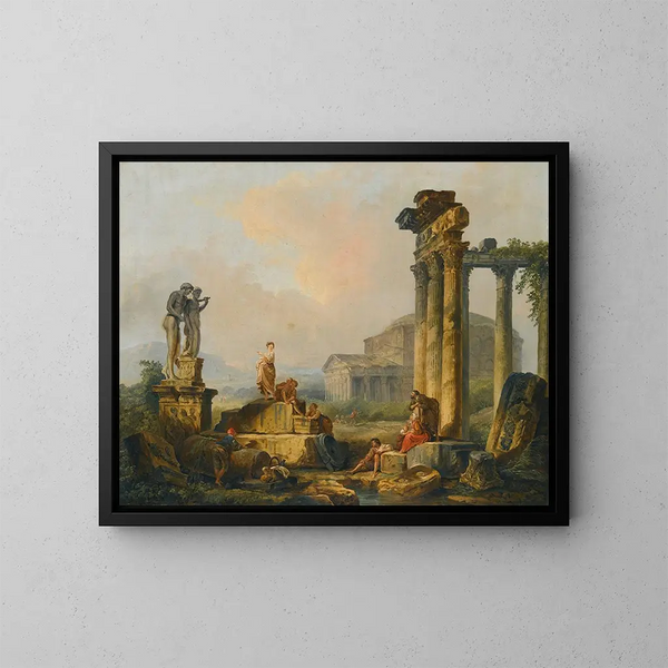 Ein Landschaft mit Hirten und Hütten unter antiken Ruinen mit der Statue von Castor und Pollux und dem Pantheon in der Ferne - Hubert Robert — gerahmtes Bild an der Wand