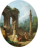 Ein Laune eines klassischen Bogens und einer Säule mit sich unterhaltenden Figuren vor einer Statue - Hubert Robert — Ansicht des Kunstwerks