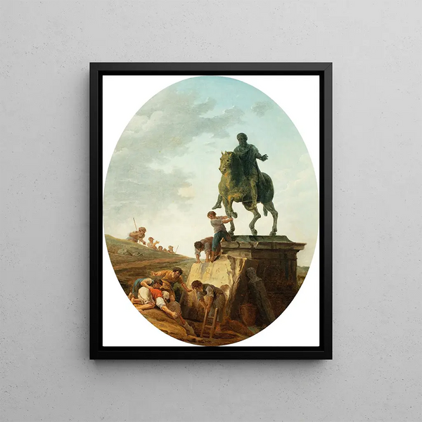 Ein lebendiges Landschaftsbild mit der Statue von Marc Aurèle - Hubert Robert — gerahmtes Bild an der Wand