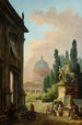 Fantasieansicht von Rom mit dem Pferdetrainer vom Monte Cavallo und einer Kirche - Hubert Robert — Ansicht des Kunstwerks