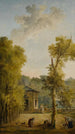 Ansicht eines ummauerten Gartens mit einer Frau, die Hühner füttert, und weiteren Figuren im Vordergrund - Hubert Robert — Ansicht des Kunstwerks
