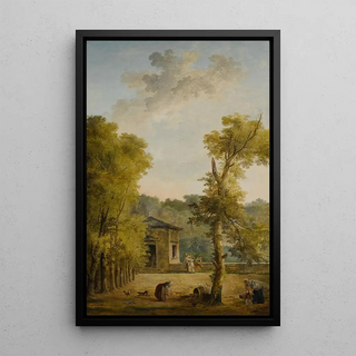 Hubert Robert - View of a walled garden courtyard with a woman feeding chickens and other figures in the foreground.webp