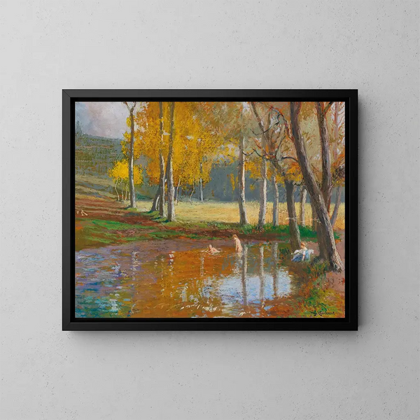 Badende in einem bewaldeten Teich - Hugo Charlemont — gerahmtes Bild an der Wand