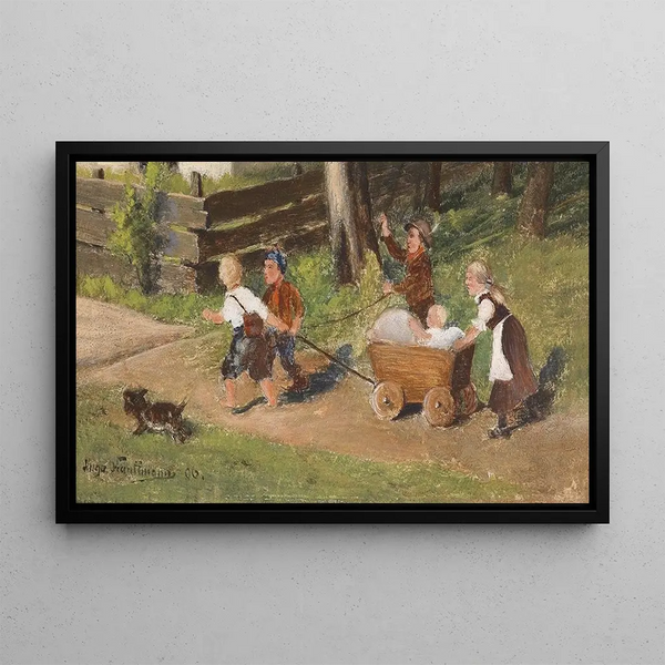 Kinder mit Wagen - Hugo Kauffmann — gerahmtes Bild an der Wand