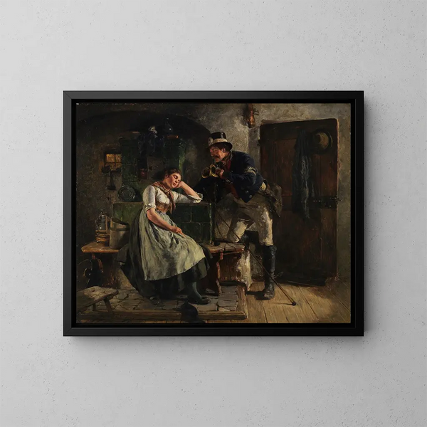 Postillon und schlafendes Mädchen - Hugo Kauffmann — gerahmtes Bild an der Wand