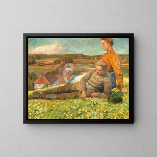 Ein Frühlingslandschaft mit einem jungen Paar - Hugo Walzer — gerahmtes Bild an der Wand