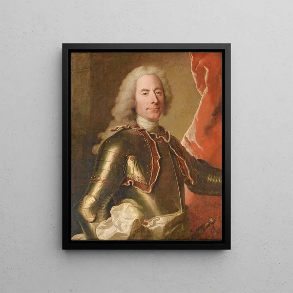 Portrait eines Mannes in Rüstung - Hyacinthe Rigaud — gerahmtes Bild an der Wand