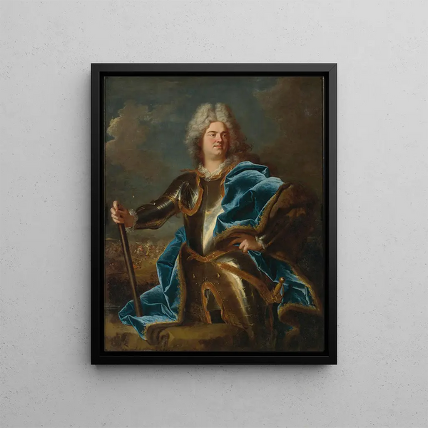 Portrait eines Mannes, der traditionell Claude Louis Hector Duc de Villars genannt wird - Hyacinthe Rigaud — gerahmtes Bild an der Wand