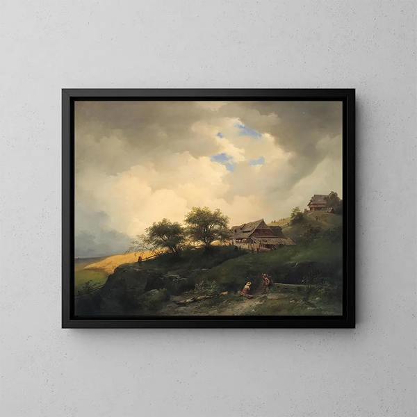 eines Landschaftsbildes mit Bauernhütten in der Nähe eines Maisfeldes - Ignaz Raffalt — gerahmtes Bild an der Wand