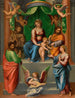 Das Madonnenbild mit Kind auf Thron mit heiligen Paul, Franz von Assisi, Josef und Maria Magdalena - Innocenzo da Imola — Ansicht des Kunstwerks