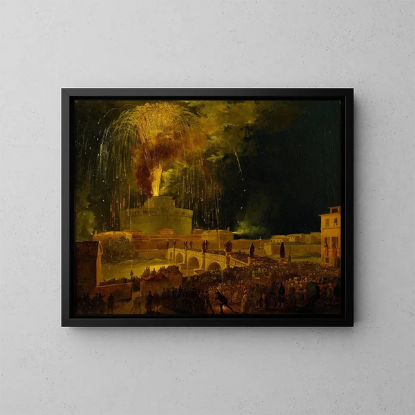 Die Feuerwerke der Girandole vom Castel Sant'Angelo in Rom - Ippolito Caffi — gerahmtes Bild an der Wand