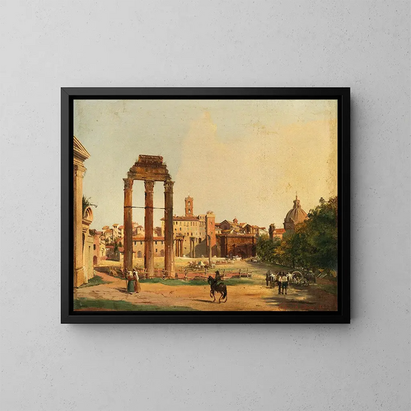 Ansicht des Römischen Forums mit dem Tempel von Castor und Pollux - Ippolito Caffi — gerahmtes Bild an der Wand