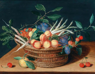 Aprikosen, Kirschen, Pflaumen, Radieschen und Spargel in einem Weidenkorb - Isaac Soreau — Ansicht des Kunstwerks