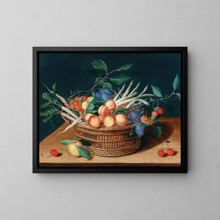 Aprikosen, Kirschen, Pflaumen, Radieschen und Spargel in einem Weidenkorb - Isaac Soreau — gerahmtes Bild an der Wand