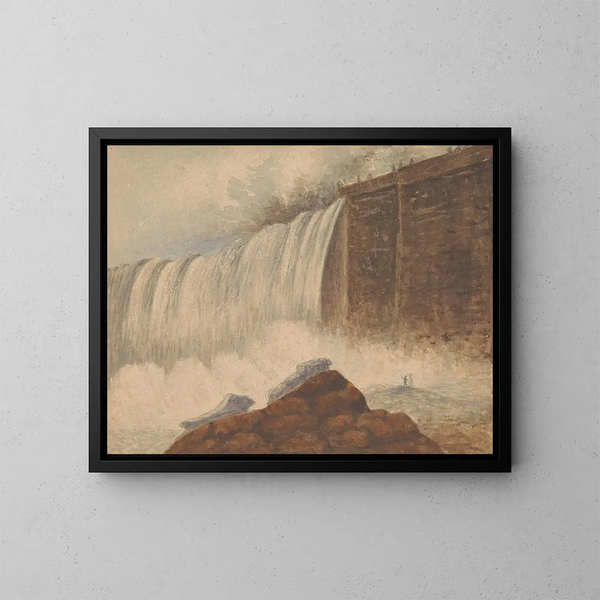 Aussicht auf die Niagarafälle mit zwei Figuren auf einem Felsen im Vordergrund rechts - Isaac Weld — gerahmtes Bild an der Wand