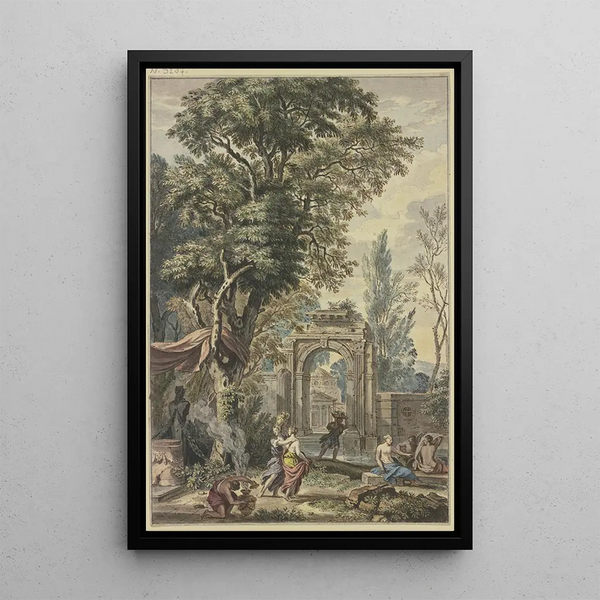 Isaac de Moucheron - Antikes Portal links eine Panstatue mit Altar Vorbereitungen zum Opfer.webp