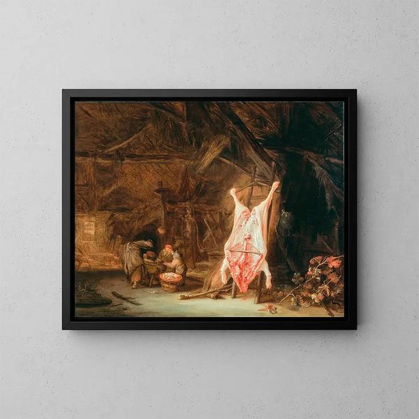 Innenansicht einer Scheune mit einem geschlachteten Schwein, einer Frau, die Fleisch vorbereitet, und zwei Kindern im Hintergrund - Isaac van Ostade — gerahmtes Bild an der Wand