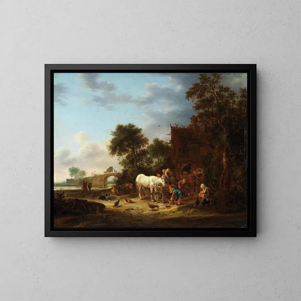 Landgasthof mit einem Pferd an der Wassertränke - Isaac van Ostade — gerahmtes Bild an der Wand