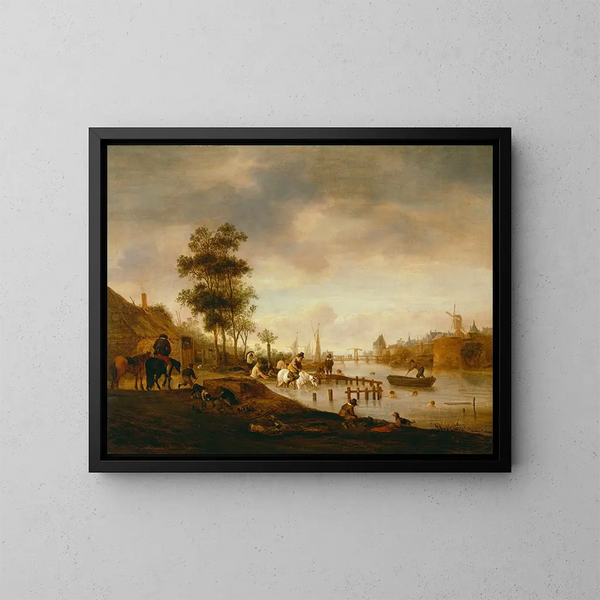 Flusslandschaft mit Badenixen - Isaac van Ostade — gerahmtes Bild an der Wand