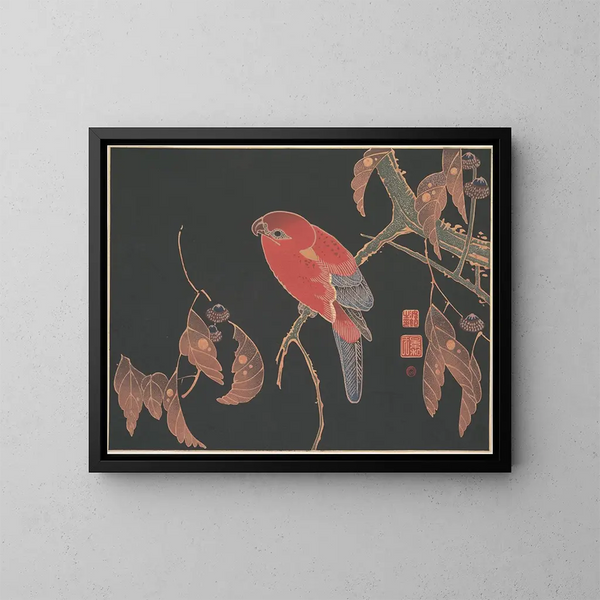 Roter Papagei auf einem Ast eines Baumes - Itō Jakuchū — gerahmtes Bild an der Wand