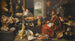 Innenraum-Gemälde einer Küche mit einem Koch und seinem Assistenten, umgeben von Fleisch und Küchenutensilien, ein Kamin rechts - Italienisch-flämische Schule — Ansicht des Kunstwerks