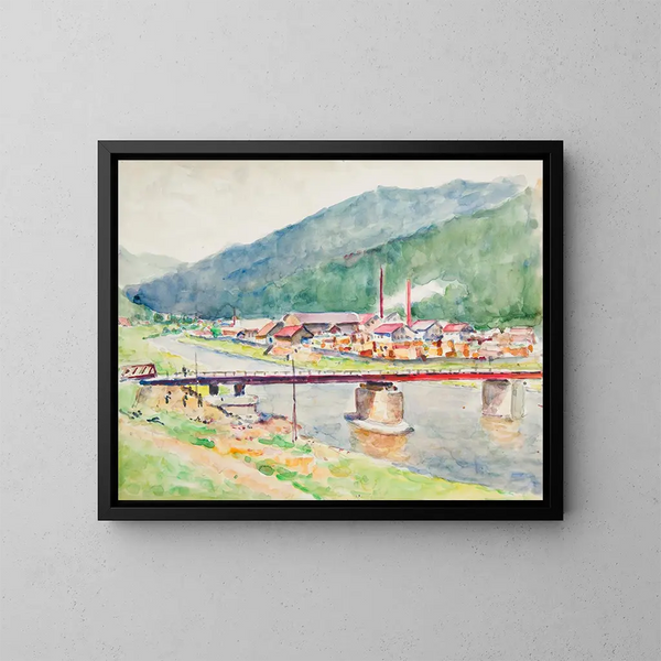 Landschaft mit Blick auf die Brücke am Fluss grska - Ivan Ivanec — gerahmtes Bild an der Wand