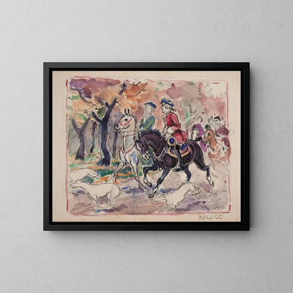 Szenen der Genrekunst: Paar in Kostümen des 18. Jahrhunderts auf einem Pferd im Wald - Ivan Ivanec — gerahmtes Bild an der Wand