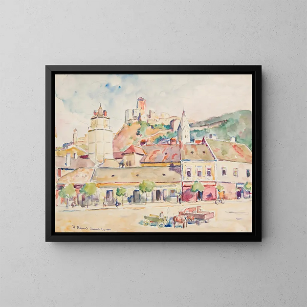 Vue de Trenczyn, fragment de la ville avec le château - Ivan Ivanec — gerahmtes Bild an der Wand