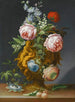 Naturstillleben mit Rosen und anderen Blumen in einer antiken Vase, dekoriert mit Putten, alles auf einer Fensterbank - J. C. Sartori — Ansicht des Kunstwerks