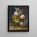 Naturstillleben mit Rosen und anderen Blumen in einer antiken Vase, dekoriert mit Putten, alles auf einer Fensterbank - J. C. Sartori — gerahmtes Bild an der Wand