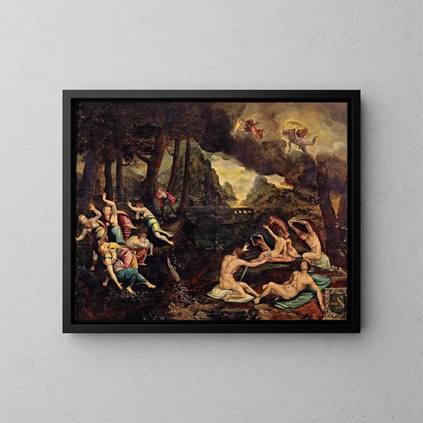 Apollon und Artemis, die die Kinder von Niobe töten - J Charbonnier — gerahmtes Bild an der Wand
