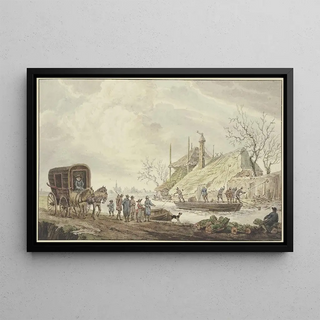 J H Van Loon - Winterlandschaft an einem Bauernhof hauen Schiffer das Eis auf links eine Kutsche.webp
