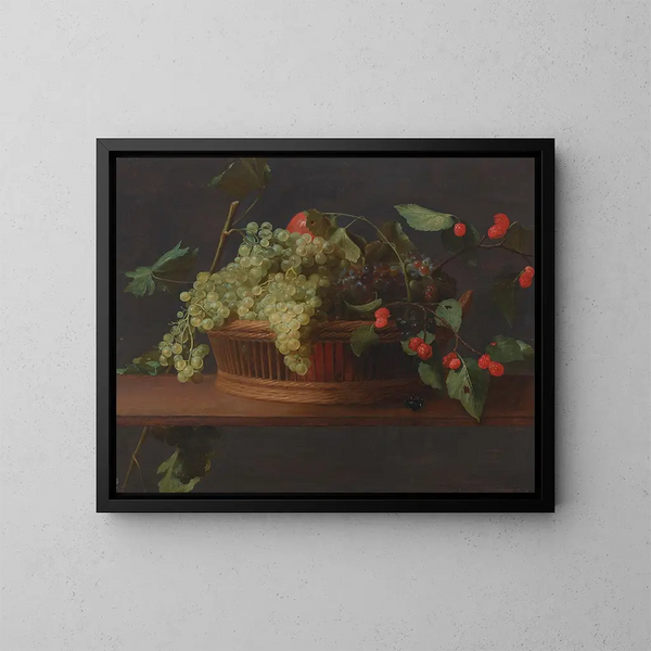 Ein Korb mit Trauben und Himbeeren auf einer Kante, Öl auf Holzplatte - Jacob Foppens van Es — gerahmtes Bild an der Wand