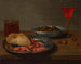 Eine Schale mit Garnelen und eine Rolle, eine Schüssel mit Oliven, ein Venise-Fasan, ein Bierglas und Mandeln auf einem Tisch - Jacob Foppens van Es — Ansicht des Kunstwerks