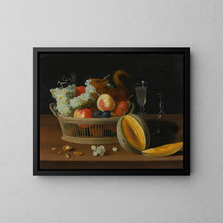 Jacob Foppens van Es - Still Life With A Basket Of Fruit And A Squirrel Glasses And A Cut Melon On A Tabletop.webp
