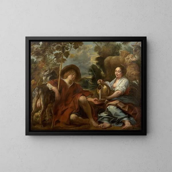 Bergère versant du lait à un berger - Jacob Jordaens — gerahmtes Bild an der Wand