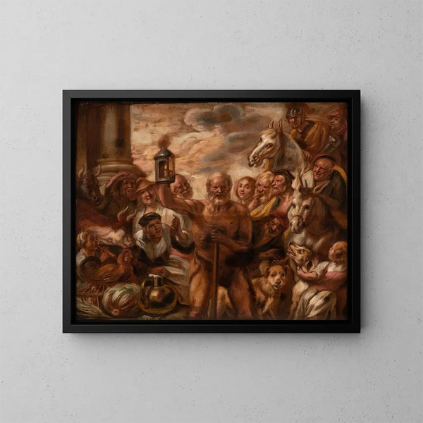 Diogène auf der Suche nach einem ehrlichen Mann - Jacob Jordaens — gerahmtes Bild an der Wand