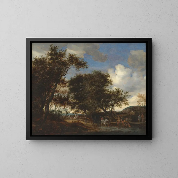 Landschaft mit Reisenden, die ihre Pferde tränken - Jacob Salomonsz van Ruysdael — gerahmtes Bild an der Wand