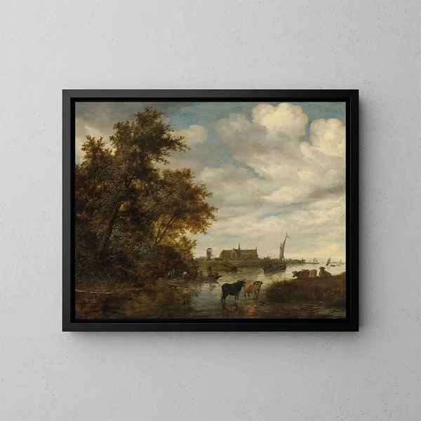 Flusslandschaft mit Fischern und Vieh, die Grote Kerk in Alkmaar im Hintergrund - Jacob Salomonsz van Ruysdael — gerahmtes Bild an der Wand