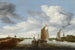 Landschaftsbild mit Segelschiffen und Kahn, gezogen von Pferden - Jacob Salomonsz van Ruysdael — Ansicht des Kunstwerks