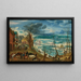 Winterlandschaft mit Bauern und Vieh in der Nähe eines Bauernhofs mit Schlittschuhläufern auf einem zugefrorenen Fluss im Hintergrund - Jacob Savery der Ältere — gerahmtes Bild an der Wand