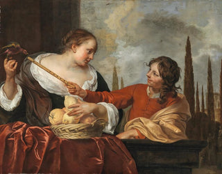 Jacob Van Loo - A lady with a parrot holding a basket of fruit and a young man with a flute.webp
