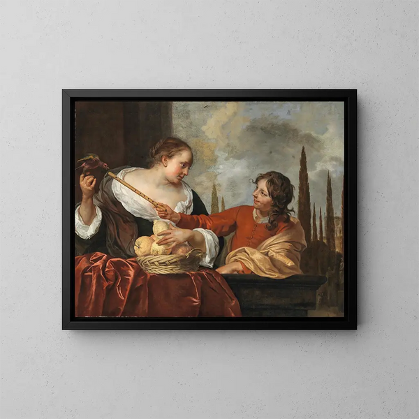Eine Dame mit einem Papagei, die einen Obstkorb hält, und ein junger Mann mit einer Flöte - Jacob van Loo — gerahmtes Bild an der Wand