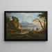 Szene am Hafen mit Fischern, die an Land zurückkehren, Reisende, die ein Lager aufschlagen, und zwei Reiter auf einem Pass, Berge im Hintergrund - Jacob de Heusch — gerahmtes Bild an der Wand