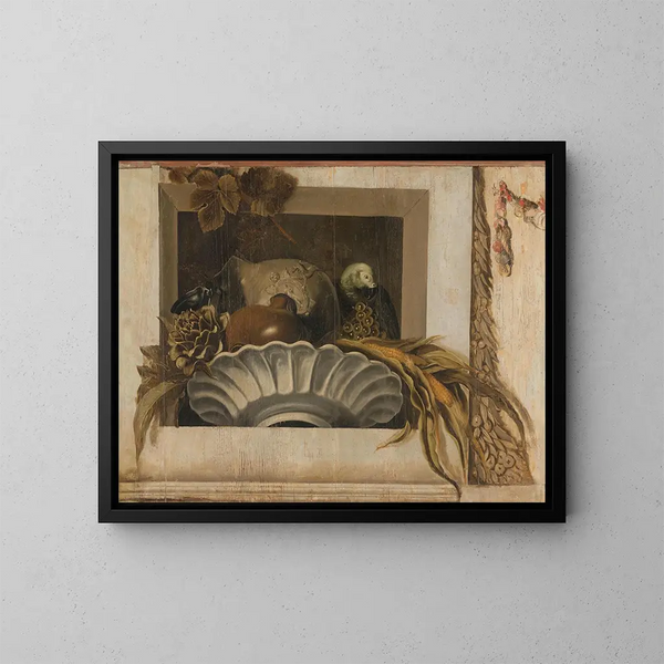Naturstillleben mit einer Schüssel Mais, Artischocken, Trauben und einem Papagei - Jacob van Campen — gerahmtes Bild an der Wand