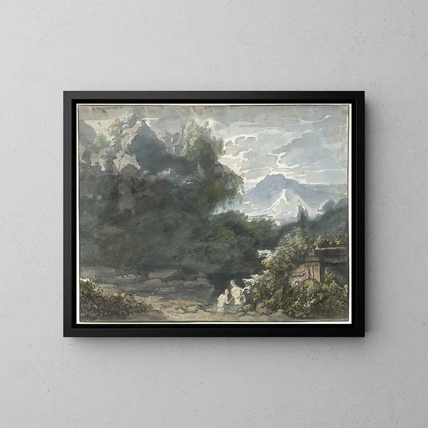 Fischer in der Nähe eines antiken Denkmals in einer bergigen Landschaft - Jacob van Liender — gerahmtes Bild an der Wand